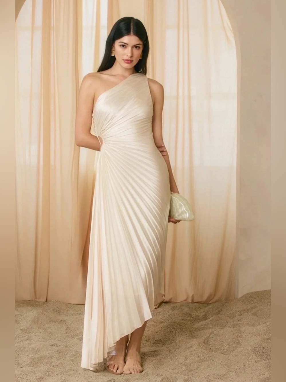 Dress Forum One-Shoulder Pleated Ivory Evening Gown